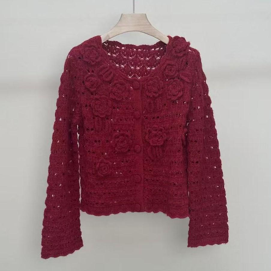 Angola Red Rose 3D Lace Crochet Knit Cardigan - Retro Stylish Loose Sweater Coat (Spring 2026 Edition)