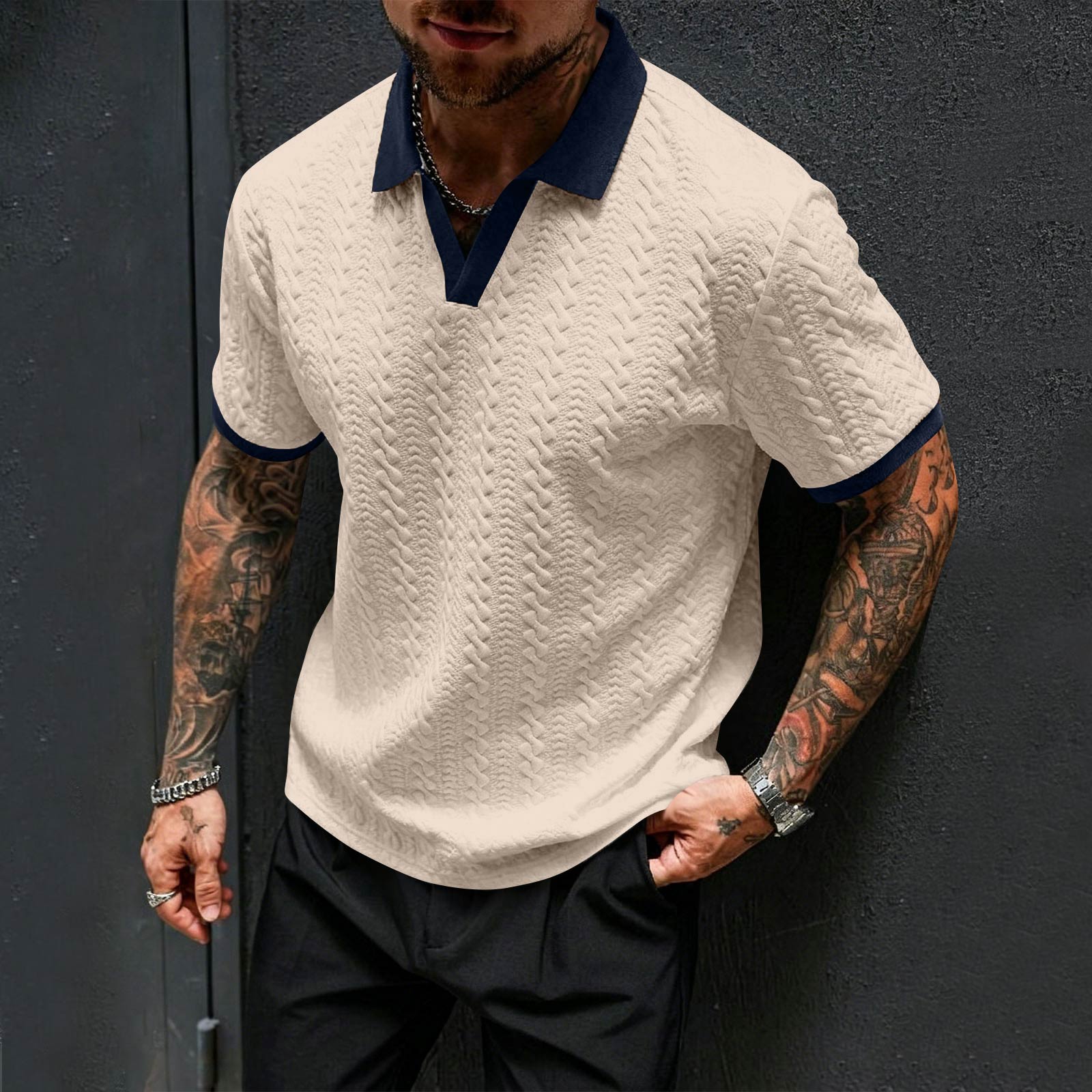 

Men s Jacquard Knit Polo Shirt Short Sleeve Slim Fit V Neck Casual Summer Top with Contrast Collar and Cuffs L бежевый
