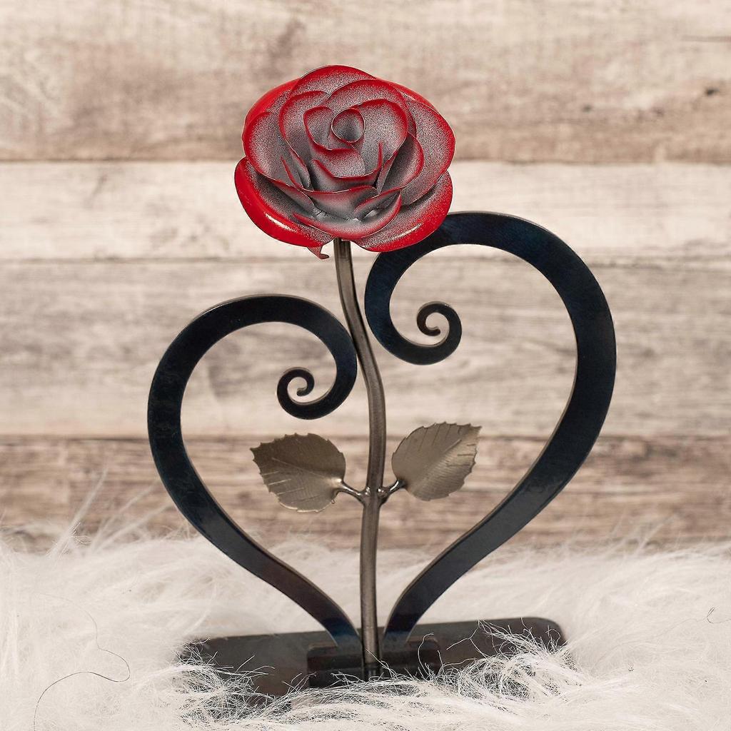 Gift Hand-forged Wrought Iron Red Metal Rose With Heart - Shaped Stand