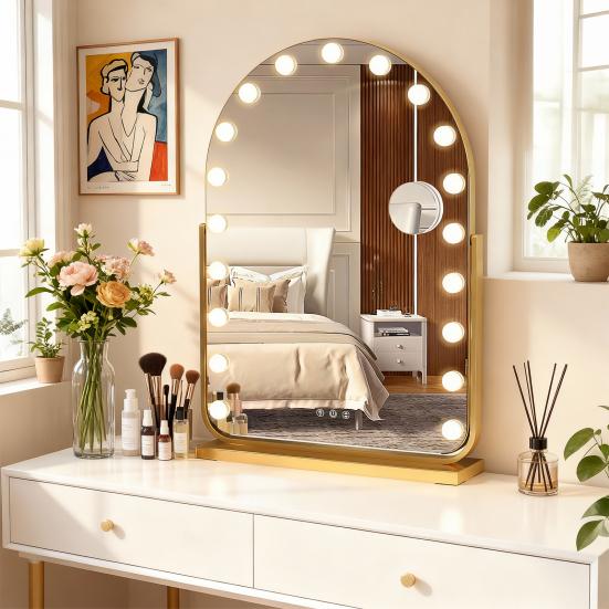 Arch Mirror Vanity with 17 LED Lights, Curved Table Top Makeup Mirror, Anti-Glare Protective Coating Rotatable Base 10x Magnifying Glass, Touch