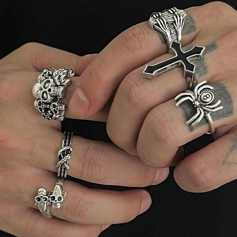 Halloween Skull Ring Set for Men Hip Hop Niche Retro Spider Exaggerated Style Ring Jewelry