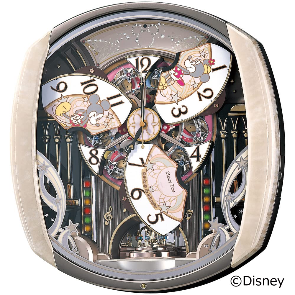 Seiko Clock a mechanical clock featuring Disney characters Mickey Mouse and Minnie featuring 6 a rotating and a pale pink marbled FW563A,