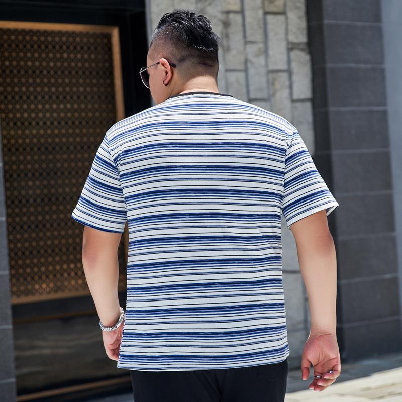 Fat Men's Fat Plus Size Loose Striped T-shirt Fat Man Oversized Popular Short-sleeved Youth Tops 200 Pounds