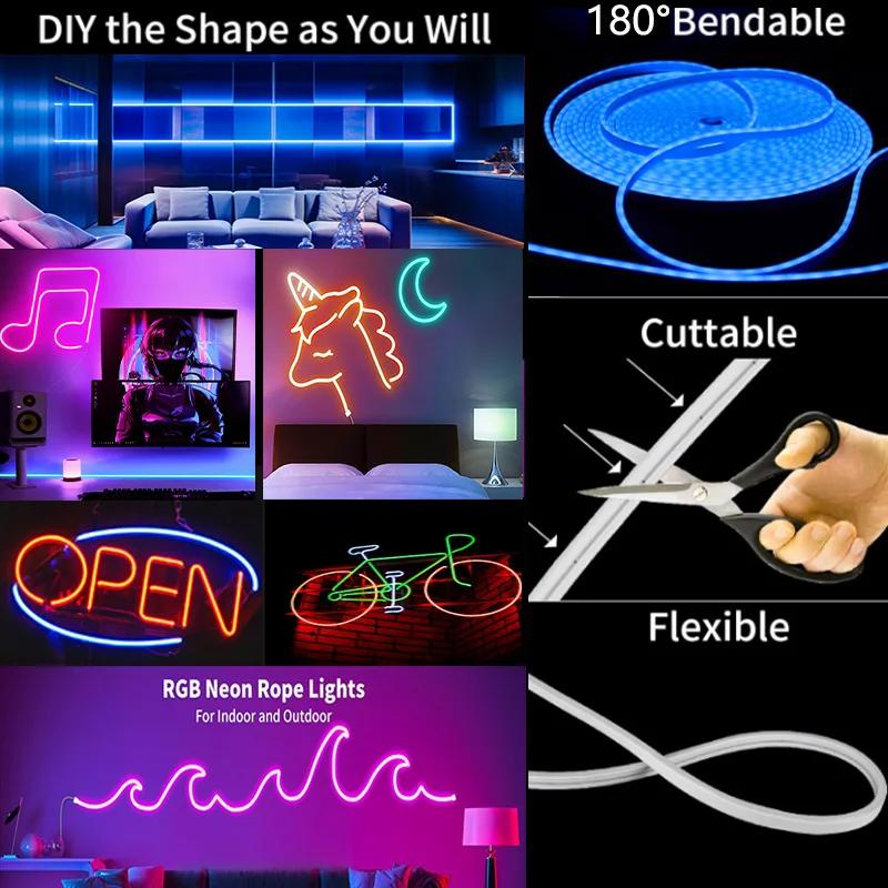 Silicone Neon Rope Light 30M 24V RGB APP Smart Strip Light Waterproof RGB Cuttable Ribbon Tape DIY Party Festival Decoration