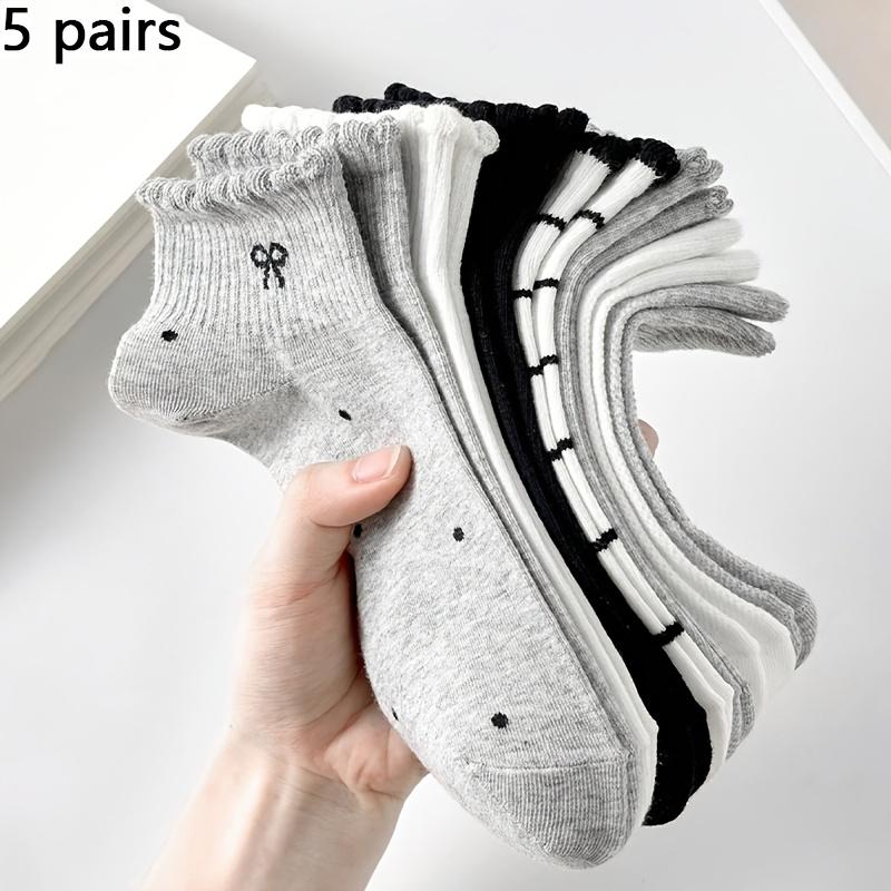 

5 Pairs Women S Cute Breathable Striped Bowknot Polka Dot Pattern Short Invisible Socks Ankle Mid-Calf White Black 5 pairs