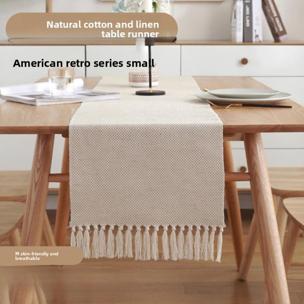Scandinavian Style Woven Table Runner Cotton Linen Christmas Decor Solid Color Fringe Jute Tea Table Cover