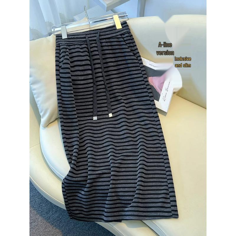 Women's Striped Knit A-Line Midi Skirt with Slit - Spring/Autumn 2025 Korean Style