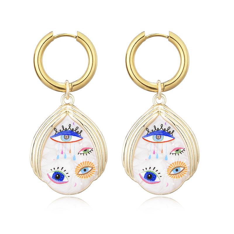 

Trendy Colorful Eye Heart Star Pattern Stainless Steel Hoop Earrings Woman Vintage Geometric Enamel Gold Color Female Zircon
