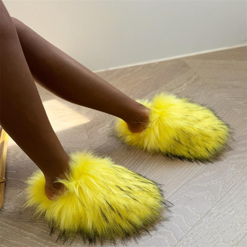 2025 Dam Vinter Tvättbjörnspäfflor Varma Plyschtofflor Flickor Lyxiga Pälsiga Fuskpäfflor Hem Bomullsskor Inomhus Päls-tofflor