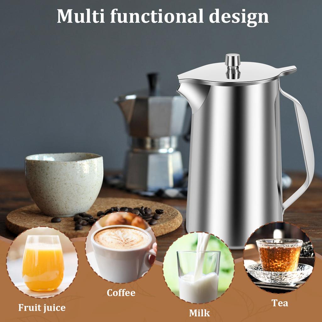 Stainless Steel Water Pitcher with Lid & Handle Large Capacity Cold Drink Kettle Milk Frothing Jug for Beverage Tea Juice Coffee