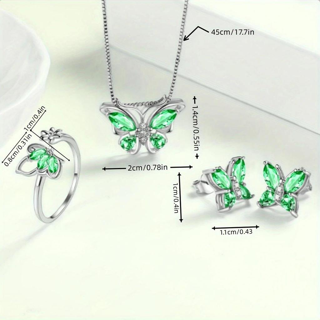 Four-piece set of butterfly stud earrings and rings with stylish, multicolored pendants, perfect for women's daily wear.