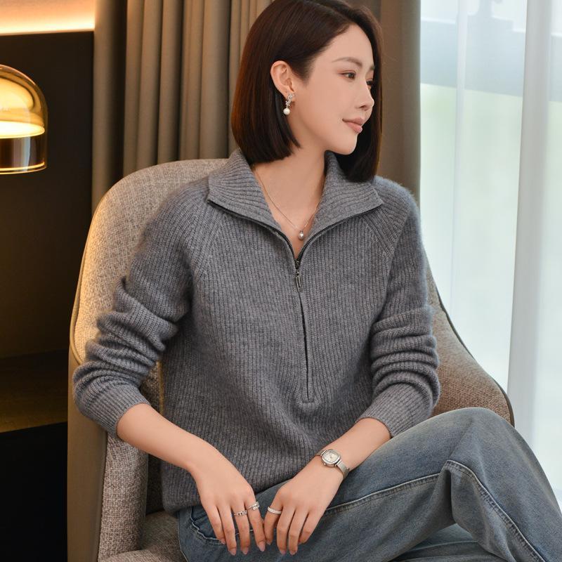 Women's Versatile Wool Half-Zip Stand Collar Sweater - Long Sleeve Knitwear for Autumn and Winter