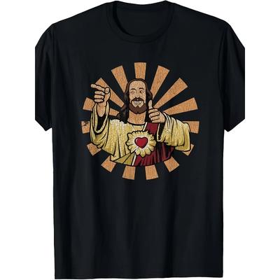 Europäische Größen Herren Vintage Jesus Christus T-Shirt - Religiöses Weihnachtsgrafik-T-Shirt mit Buddy Christ Design, Bequeme Streetwear für Herren