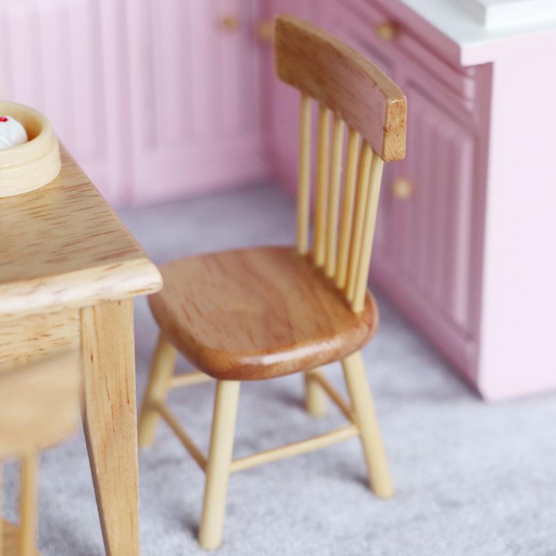 1:12 Dollhouse DIY Table & Chair Mini Set - White/Wood Bamboo Strip Chair for Restaurant Decor