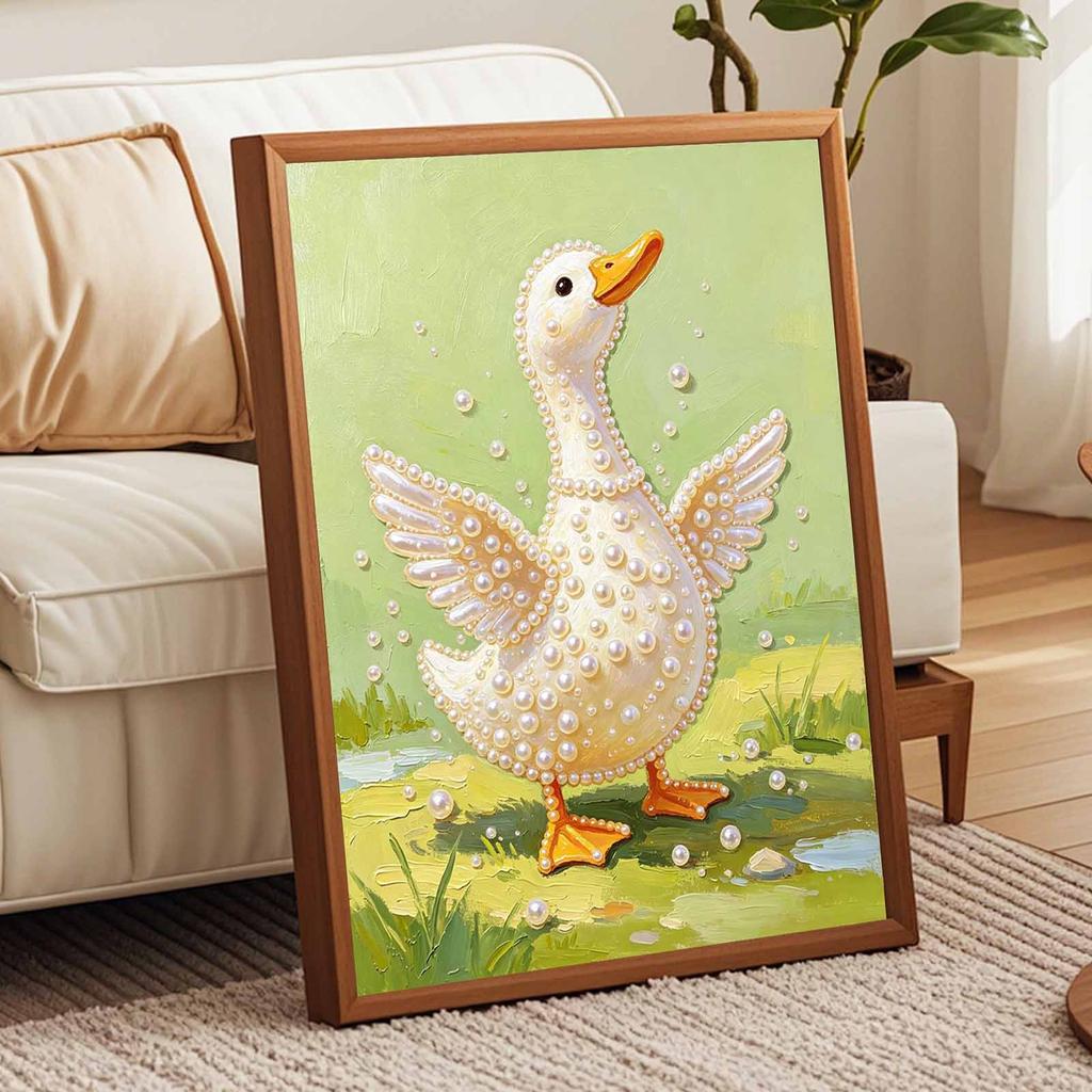 Handmade Framed Pearl Bead Painting Kit Cute White Duck Pattern 3D Shiny Canvas Art Ready To Display Home Decor Gift Idea Perfect For Room