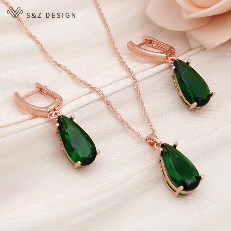 Fashion Water Drop Cubic Zirconia Dangle Earrings Jewelry Sets For Women Wedding Rose Gold Color Necklace