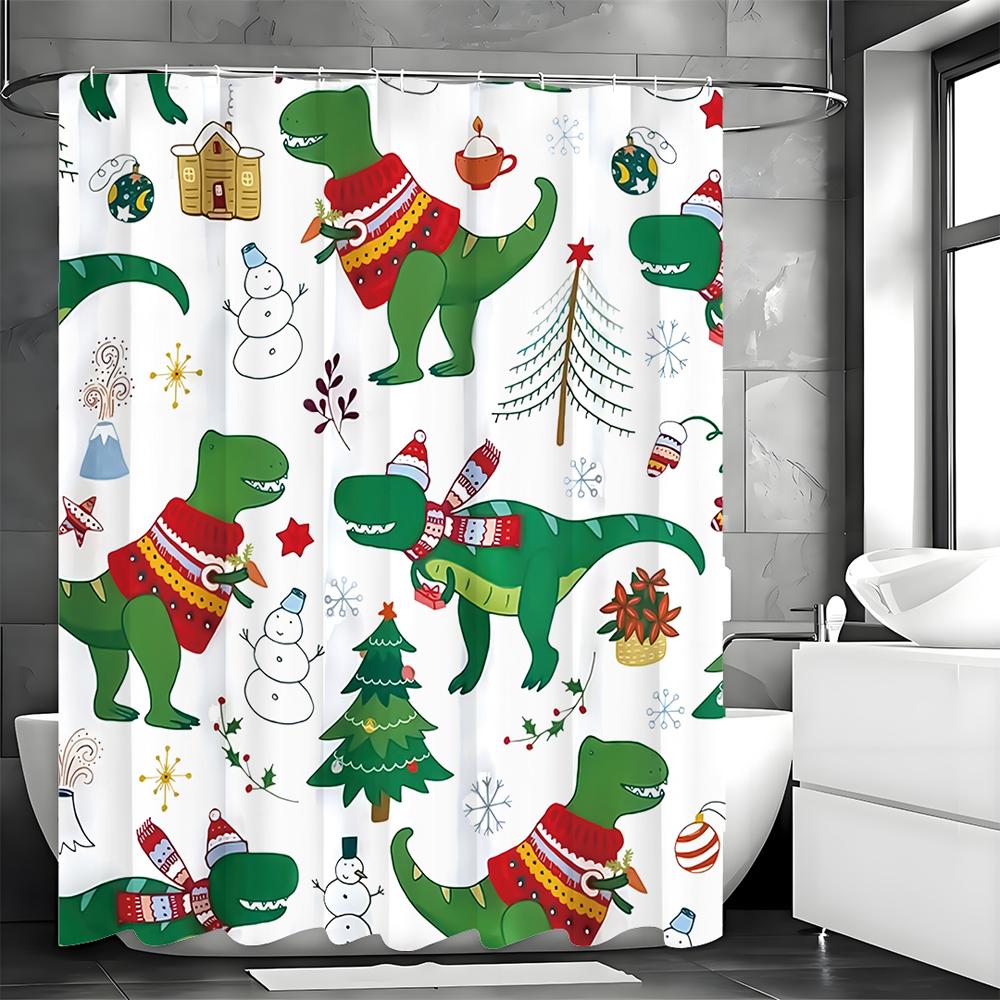 Green Dinosaur Shower Curtain, Bathroom Decorative Shower Curtain, Waterproof Shower Curtain with Hooks