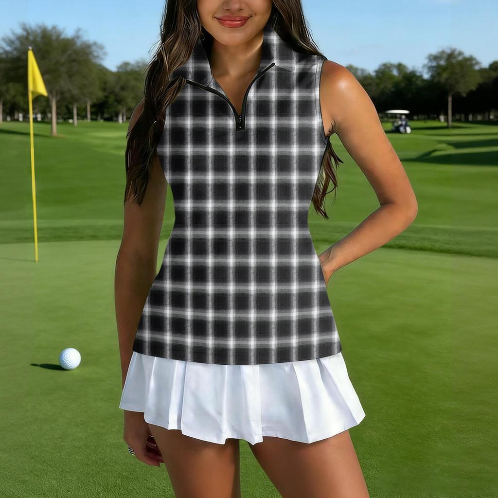 Women Sleeveless Golf Polo Shirt Zip Collar Plaid Print Athletic Tank Top for Sports and Outdoor Activities