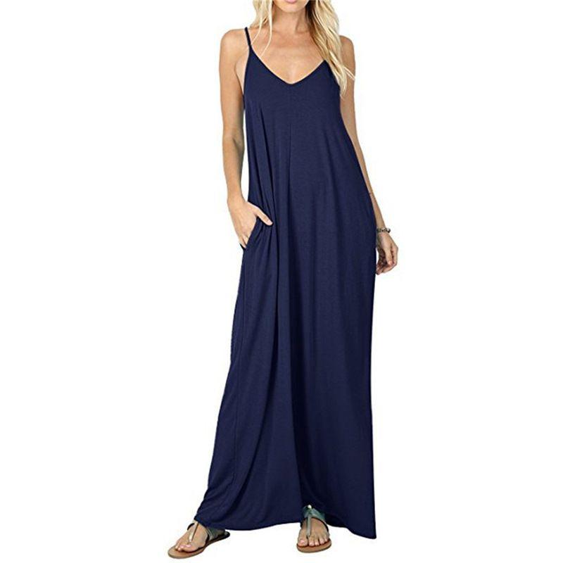 Women's Solid Color Loose Pocket Long Skirt Pure Color Loose Pockets Long Dress