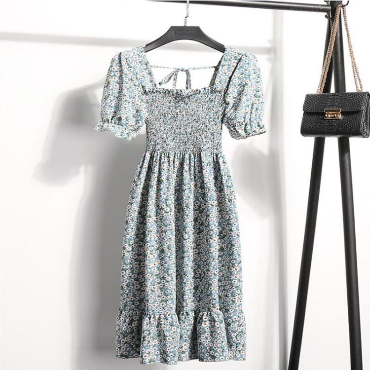 Summer Floral Print Dress Women Casual Slim Fit Square Collar Pleated Waist Medium Long White Sizes S-XL