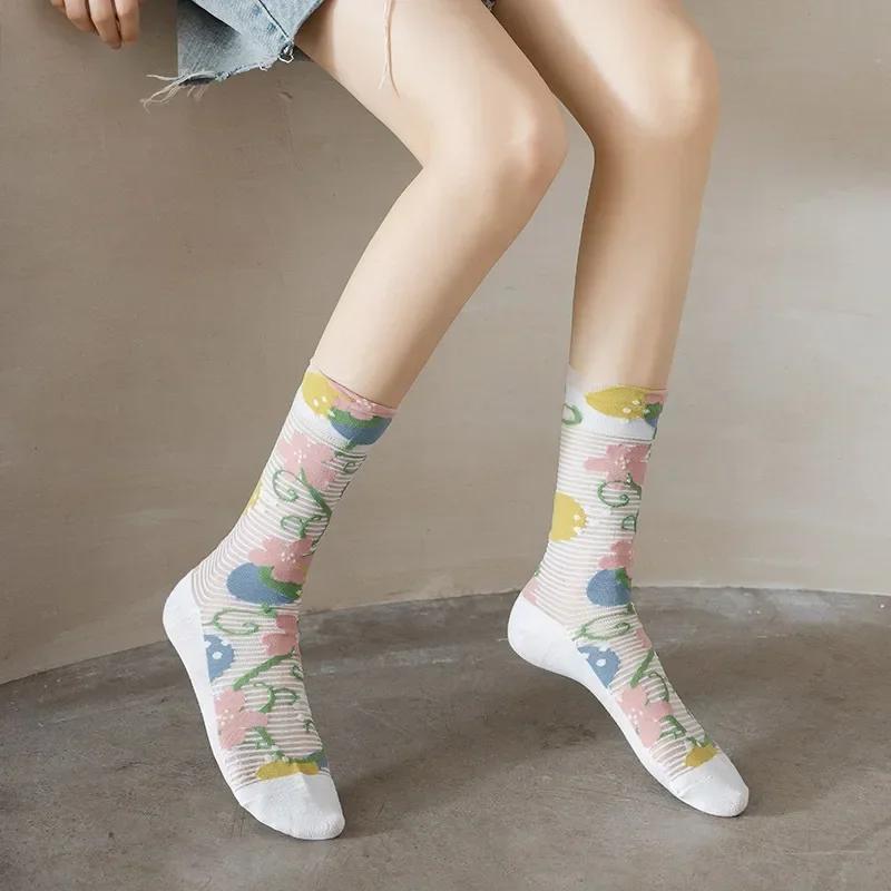 Flower Embroidery Crystal Silk Socks Summer Elastic Long Socks Hollow Out Thin Breathable Mesh Lace Socks Ultra-thin Transparent