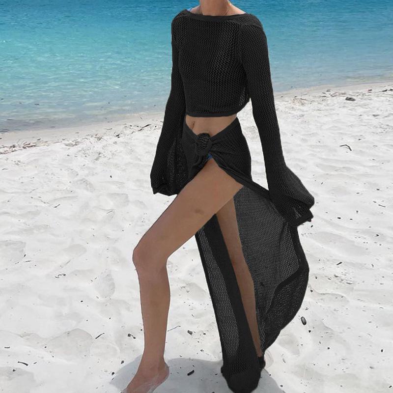 European & American Style Bandage Set: Long-Sleeved Top with Midi Skirt Beach Dress
