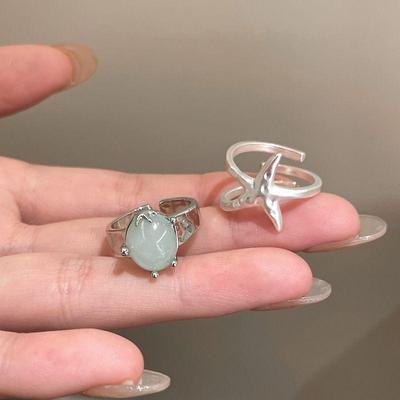 2Pcs/Set Sweet Starfish Blue Zircon Open Rings For Women Girls Ocean Style Simple Star Finger Ring Aesthetic Jewelry Y2K