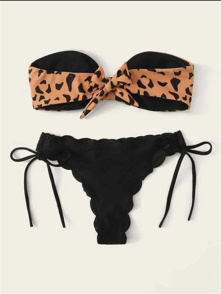 Beach Bikini 2025 Woman Sexy Front Lace Up Tie Bandeau Leopard Swimsuit Female Push Up Ruffled Bow Bathing Suit Thong Swimwear