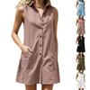 Womens Sleeveless V Neck Shirt Dress with Pockets Casual Button Down Relaxed Fit Tunic Dress for Daily Wear