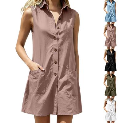 Womens Sleeveless V Neck Shirt Dress with Pockets Casual Button Down Relaxed Fit Tunic Dress for Daily Wear