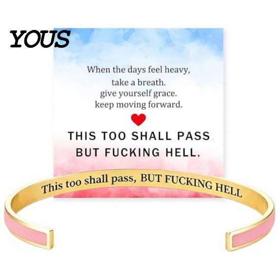 This Too Shall Pass Jewelry Mantra Cuff Bracelet, Hidden Message Engarved Humorous Encouragement Bracelet Inspirational Bangle Adjustable Motivational