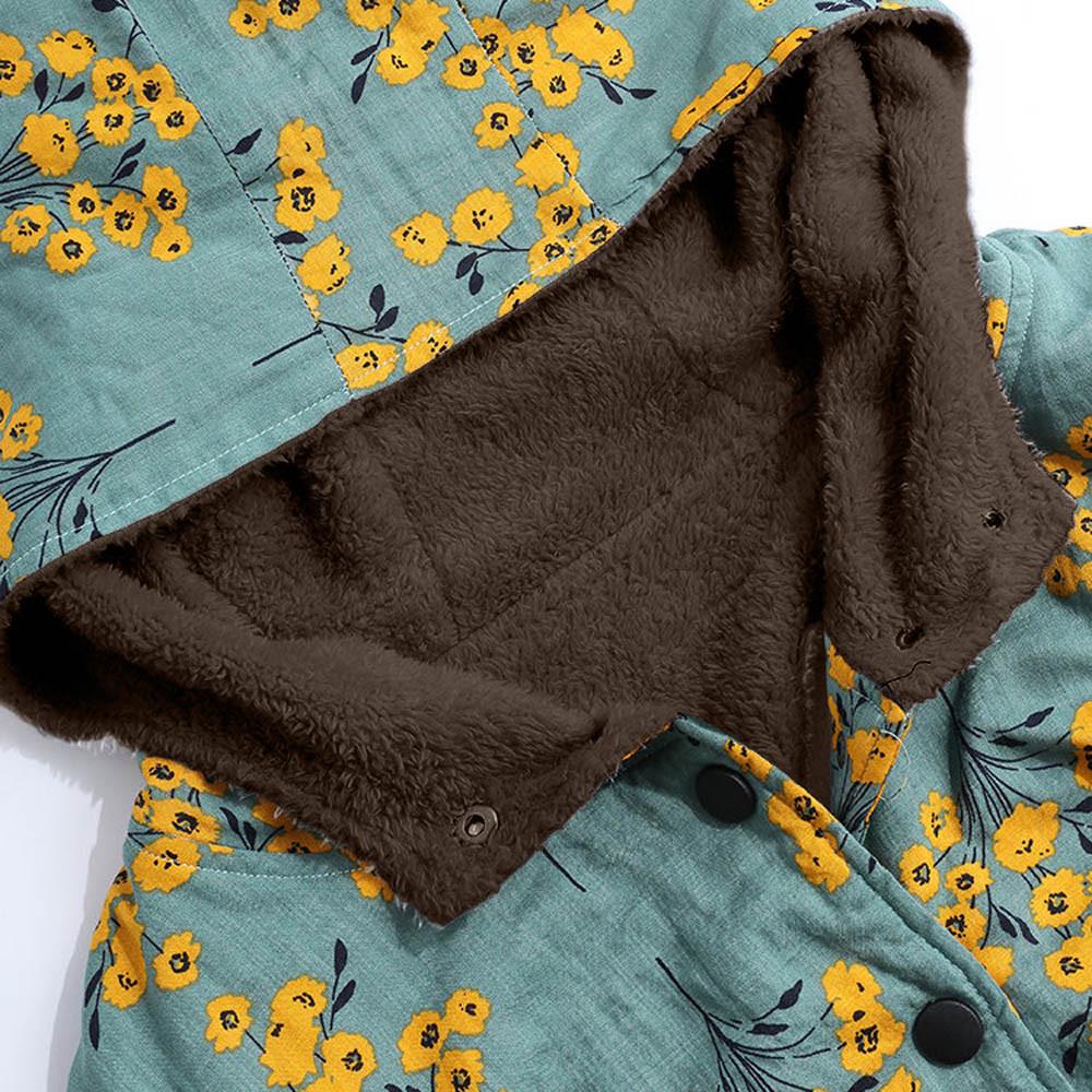 Kvinners vintervarme yttertøy med blomstertrykk Hettelommer Vintage oversize kåper