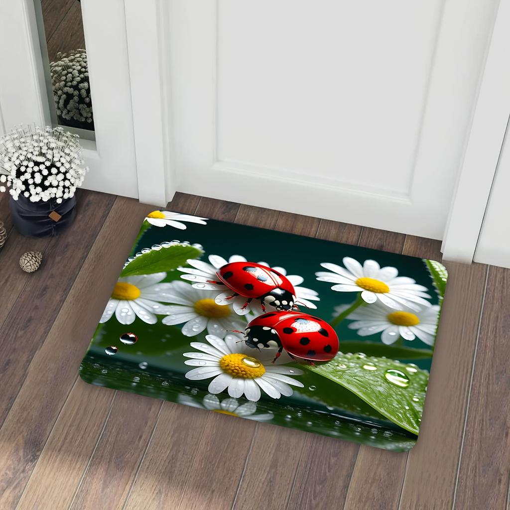 Daisy Ladybug Print Area Rug, Soft Non-Slip Machine Washable Floor Mat for Laundry Room Kitchen Home Decor Spring Decor