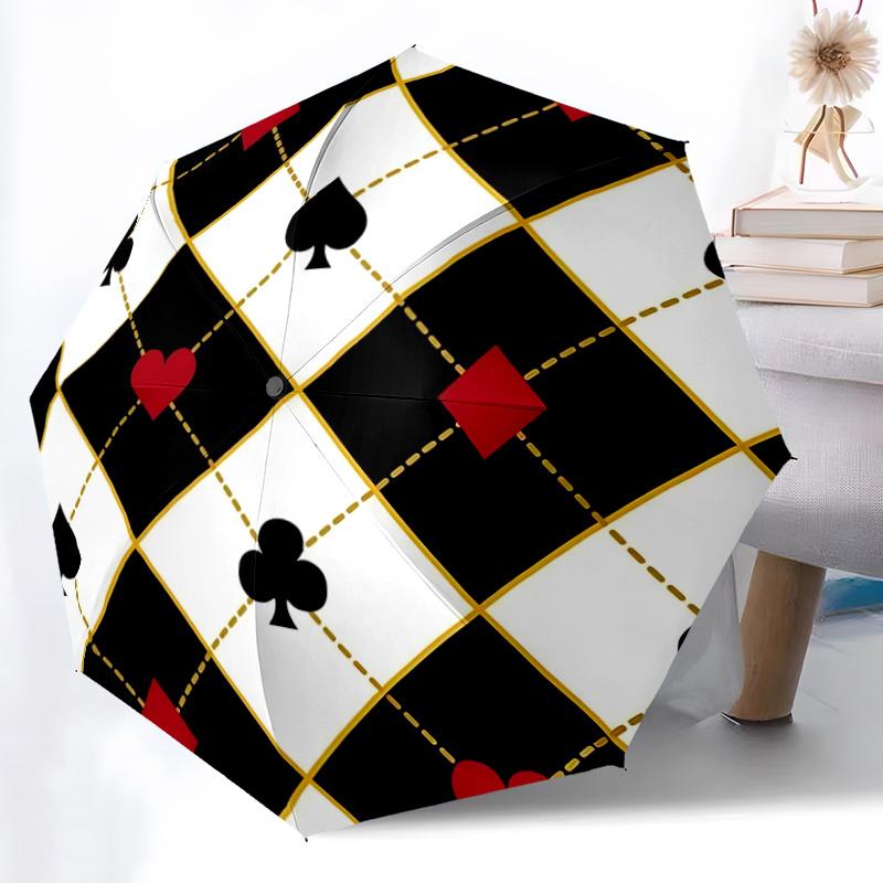 1pc Playing Cards Pattern Automatic Folding Umbrella - Compact 8-Rib Design, Durable Plastic & Iron, Festive Gift, Compact Umbrellan037