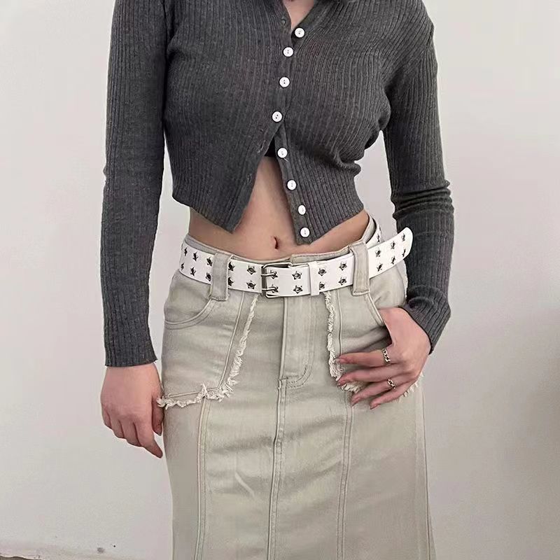 

Womens Summer Contemporary Belt With Striking Double Row Star Buckle In Leather Pu StyleA