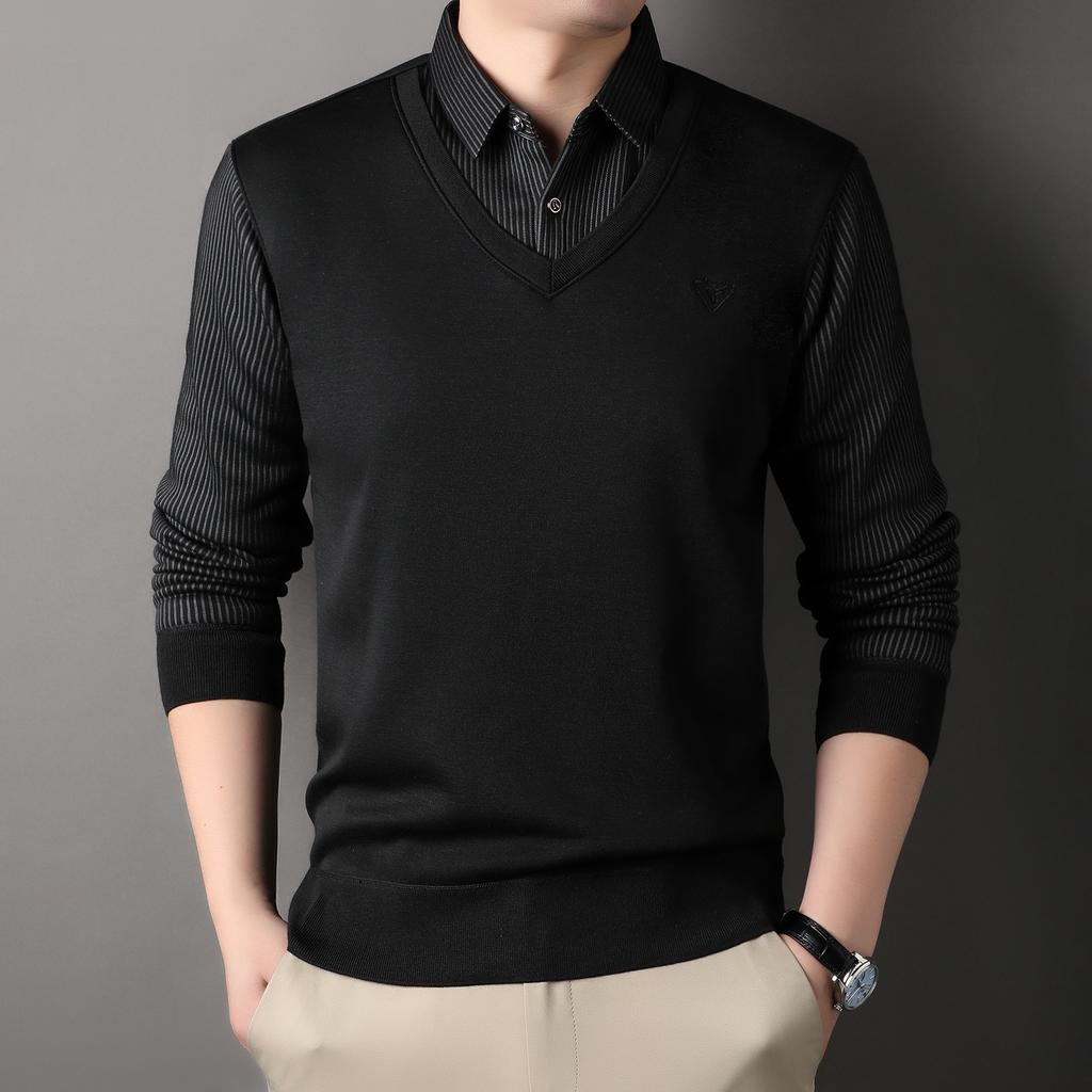 Male Autumn Knit Pullover Polo Shirts Shirt Collar Sweater Pullovers Men'S Business Casual Fashion Stripe Top Clothing