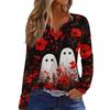 Women's Casual Long Sleeve V-Neck T-Shirt with Halloween Print and Decorative Buttons