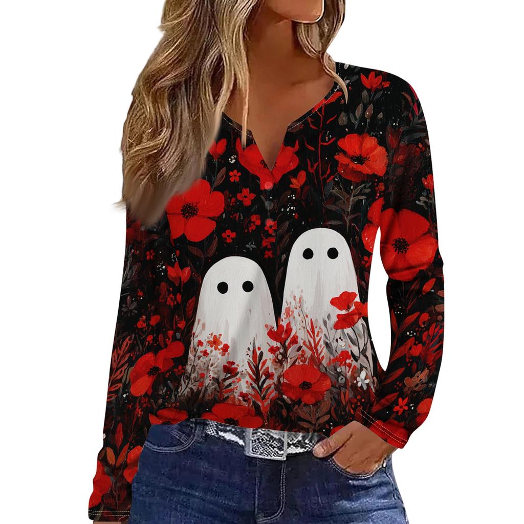 Women's Casual Long Sleeve V-Neck T-Shirt with Halloween Print and Decorative Buttons