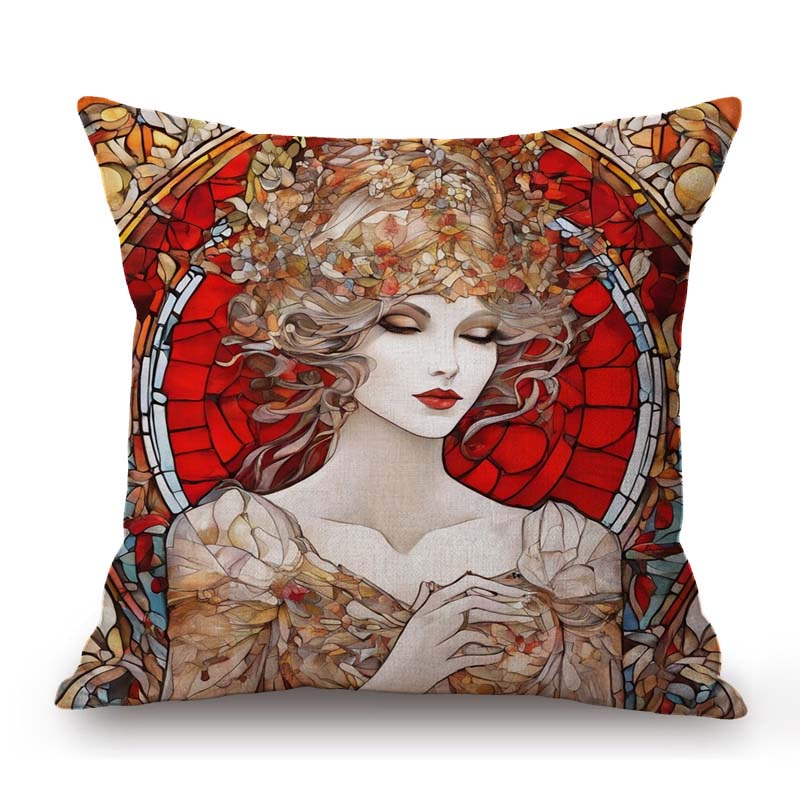 Nouveau Art Mucha Style Stained Glass Eleglant Lady Divine Witch Retro Decoration Art Sofa Pillow Case Linen Cushion Cover