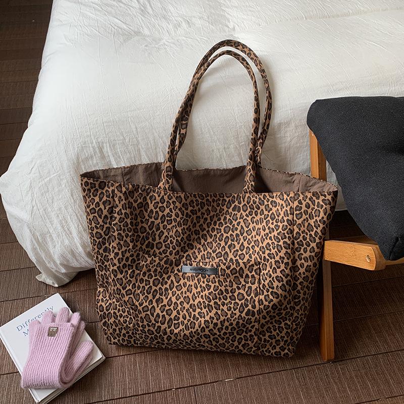 Retro Leopard Tote Handbags for Women College Girls Class Book Shoulder Bags Casual Double-sided Female Large Shopping Bag