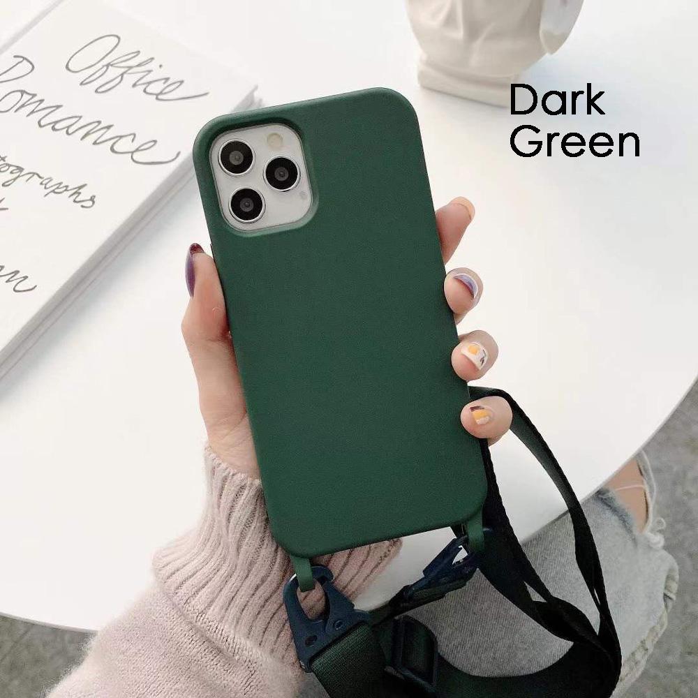 

Силиконовый чехол-шнурок для iPhone 11 12 13 14 15 Pro Max, мягкая задняя крышка карамельного цвета с шейным ремешком. For iPhone 15 Plus темно-зеленого