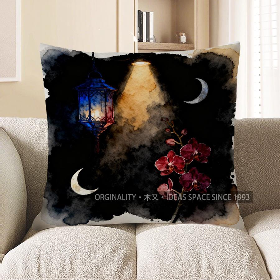 

2D Moonlit Lantern & Orchid Patterned Pillow Pattern Cushion Cover Suitable For Sofa Bedroom Car Pillow Cover 40x40cm
