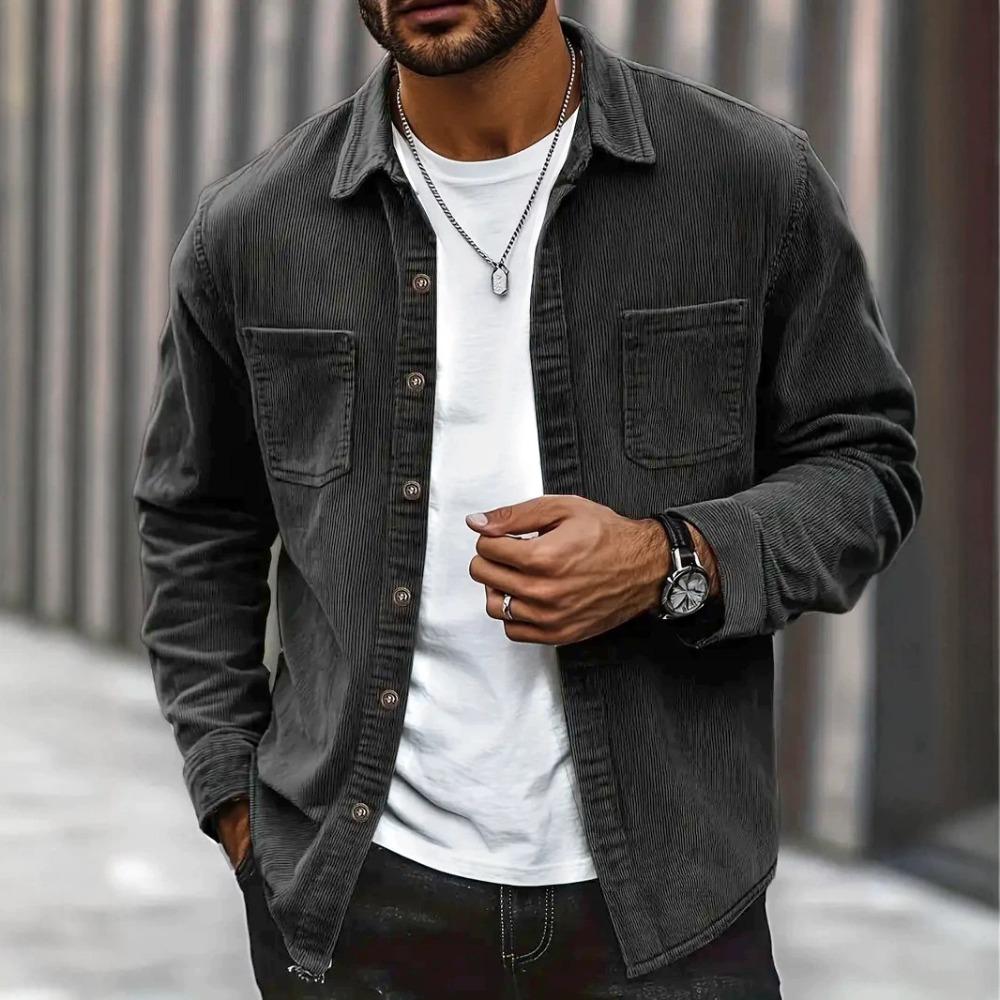 Men Corduroy Shirt Long Sleeve Plaid Solid Color Wrinkle Free Business Casual Slim Fit Top