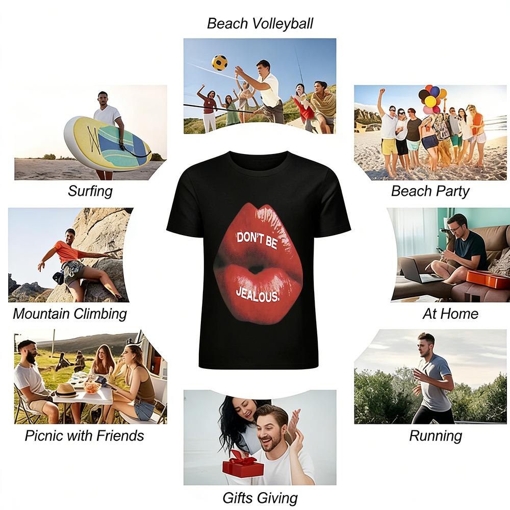 Vintage Red Lip Print T-Shirt DON'T BE JEALOUS Slogan Casual Loose Top Unisex Streetwear Pure cotton T-shirt