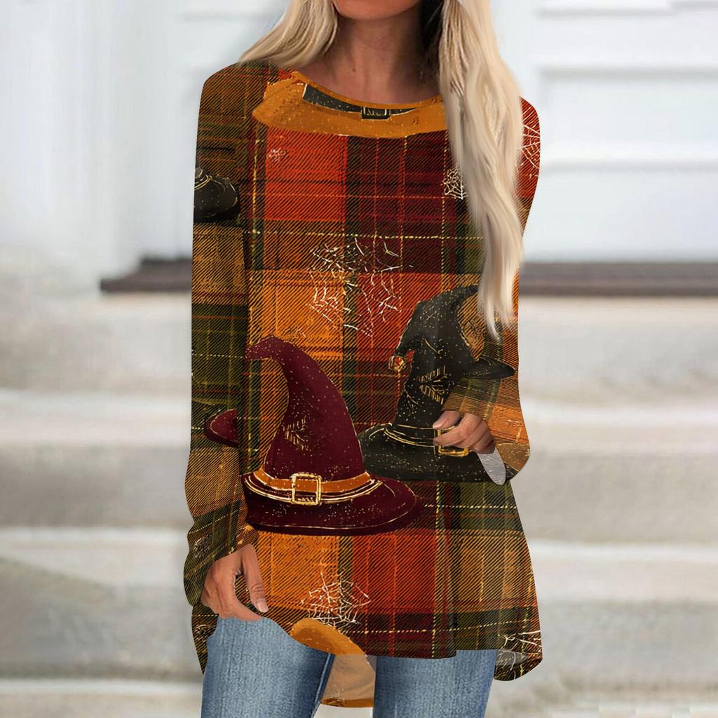 Women's Long Sleeve Round Neck Halloween Print Tunic T-Shirt for Casual Fall Fashion
