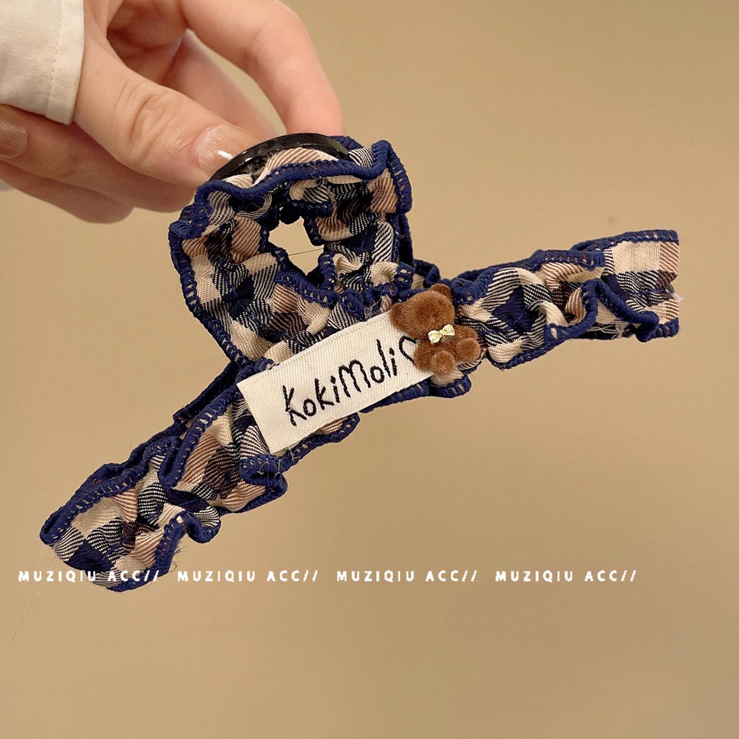 Korean Preppy Plaid Pleated Teddy Bear Claw Hair Clip темно-синий