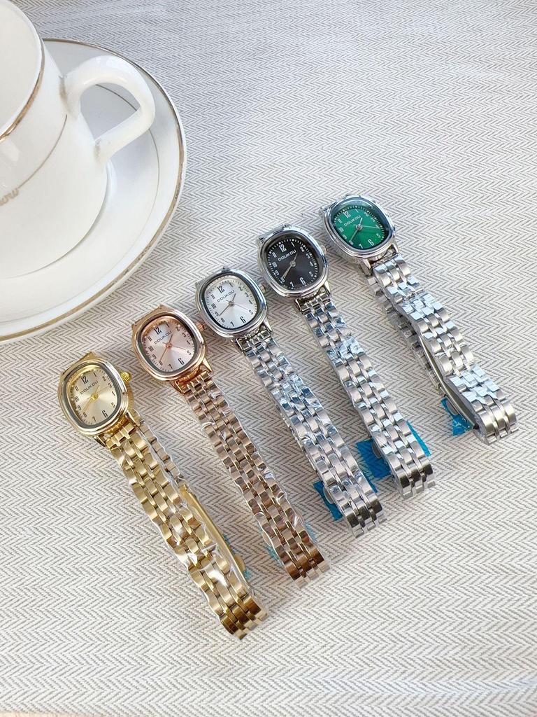 Women's Minimalist Quartz Watch with Elliptical Dial and Digital Markers, Steel Band, Small Wristwatch