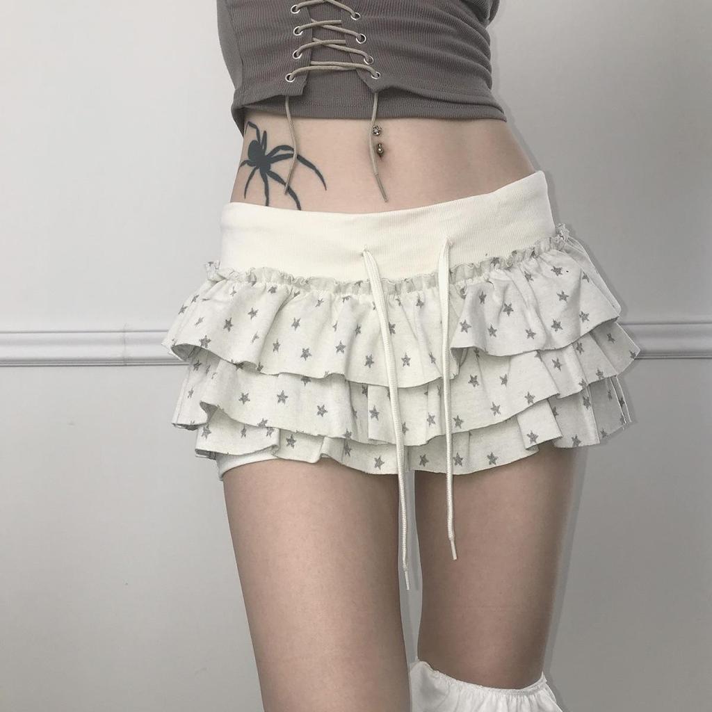 Star Print Ruffle Skirt: Elastic Waist, Layered, Sweet & Spicy Style, Spring/Autumn.