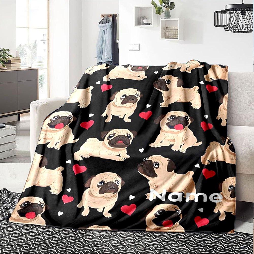 Pug Love Pattern Cozy Customizable Blanket Personalized Name Soft Warm Cozy Great For Sofa Couch Office Bed Picnics For All Occasions Digital Print