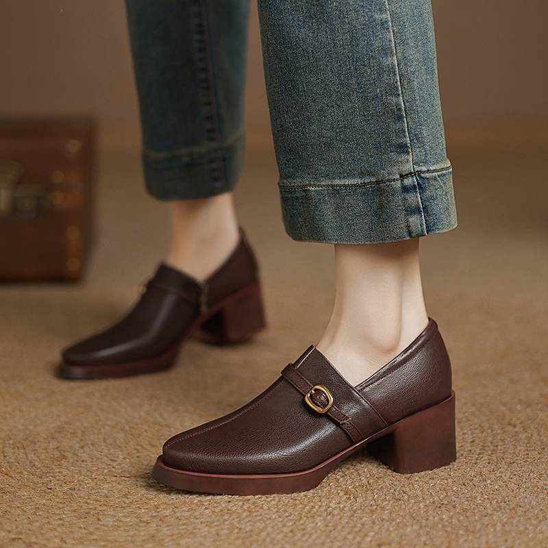 Krazing Pot Cow Skin Autumn Winter Shoes Chunky Heels Size 43 Size 42 Round Toe Zipper Deep Mouth Retro Fashion Pumps